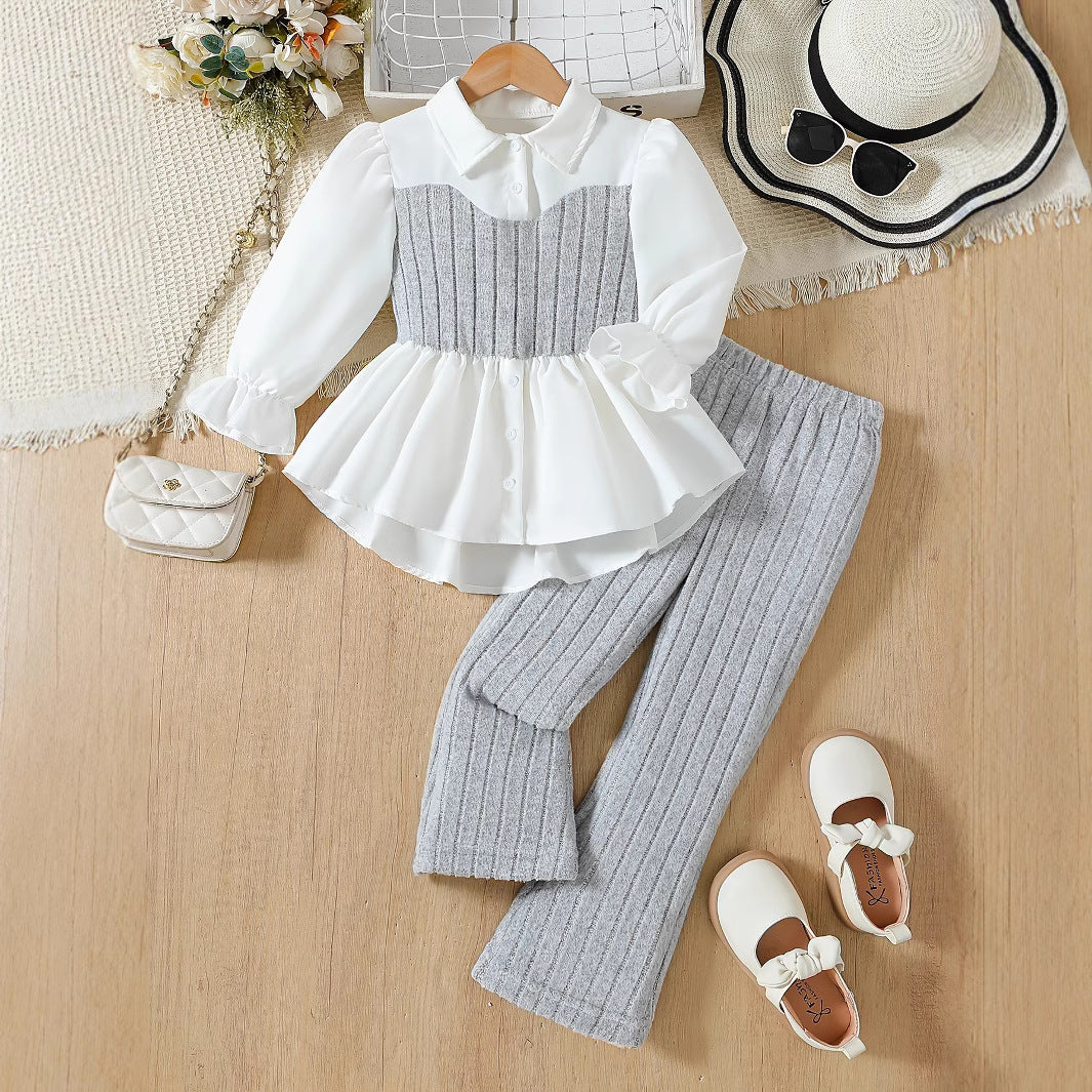 Girls White Shirt & Grey Knit Pants Set - Elegant Two-Piece Outfit