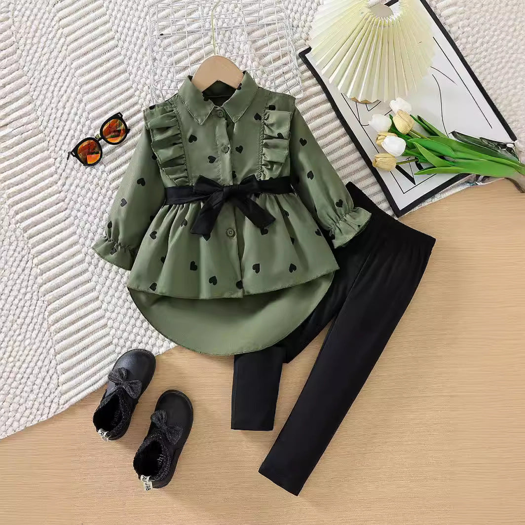 Chic Girls Fashion Long Shirt Dress with Belt Leggings Set