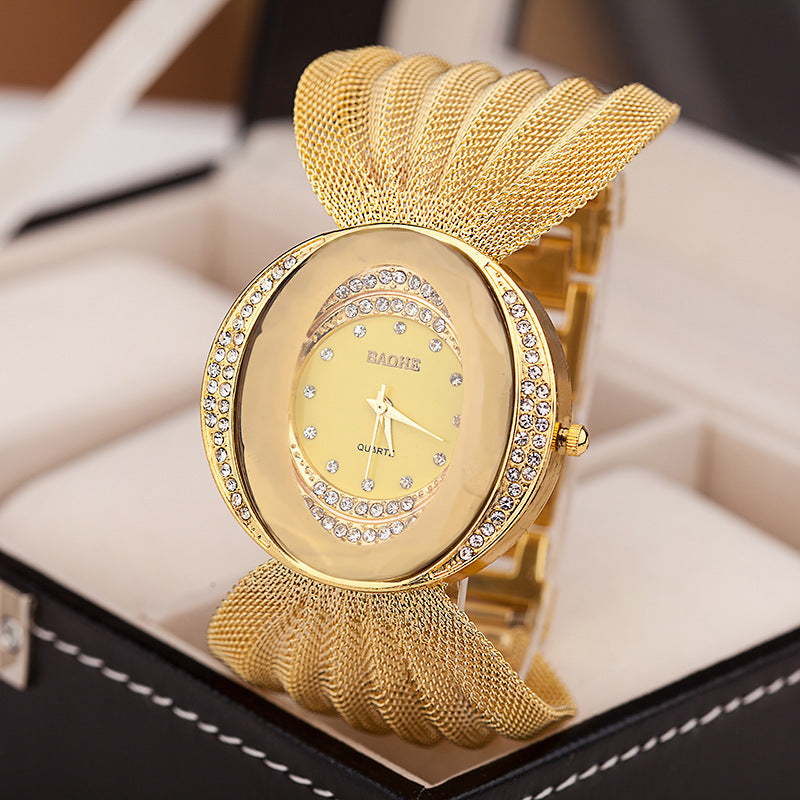 Luxury Gold Women's Watch Set - Crystal Mesh Strap Quartz Watch with Bracelet Gift Box