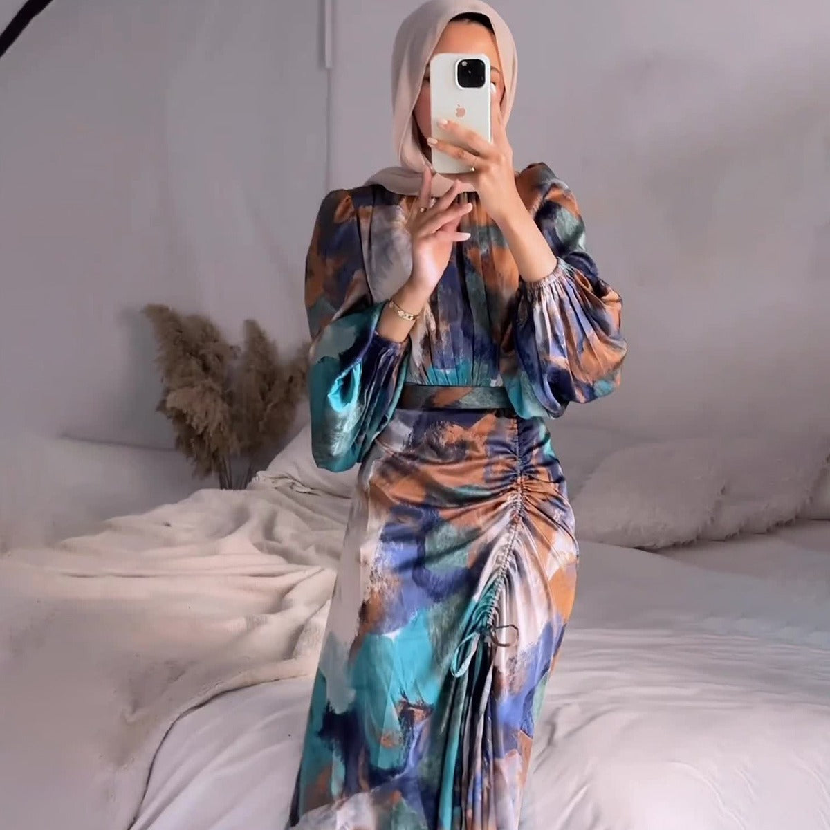 Pleated Cinched Waist Slim Exotic Long Sleeve Midi Dress Women