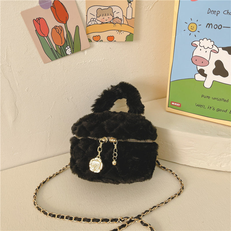 Cute Furry Mini Handbag for Kids Princess Style Chain Bag with Gold Accents