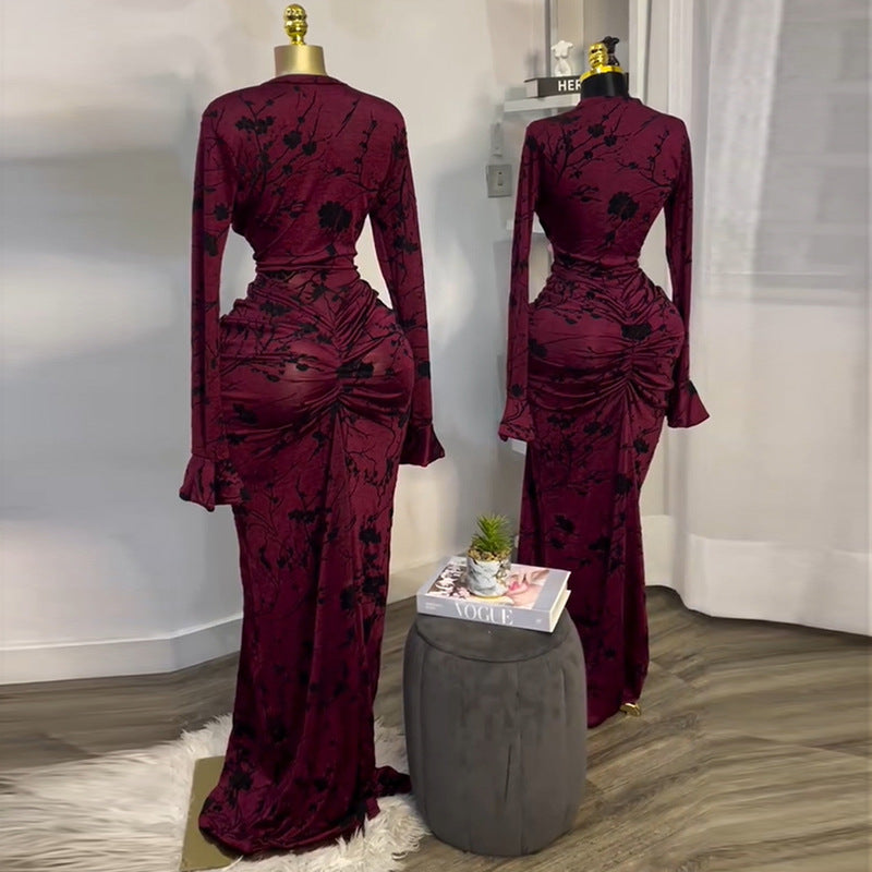 Burgundy Floral Print Long Sleeve Bodycon Dress - Elegant Evening Wear