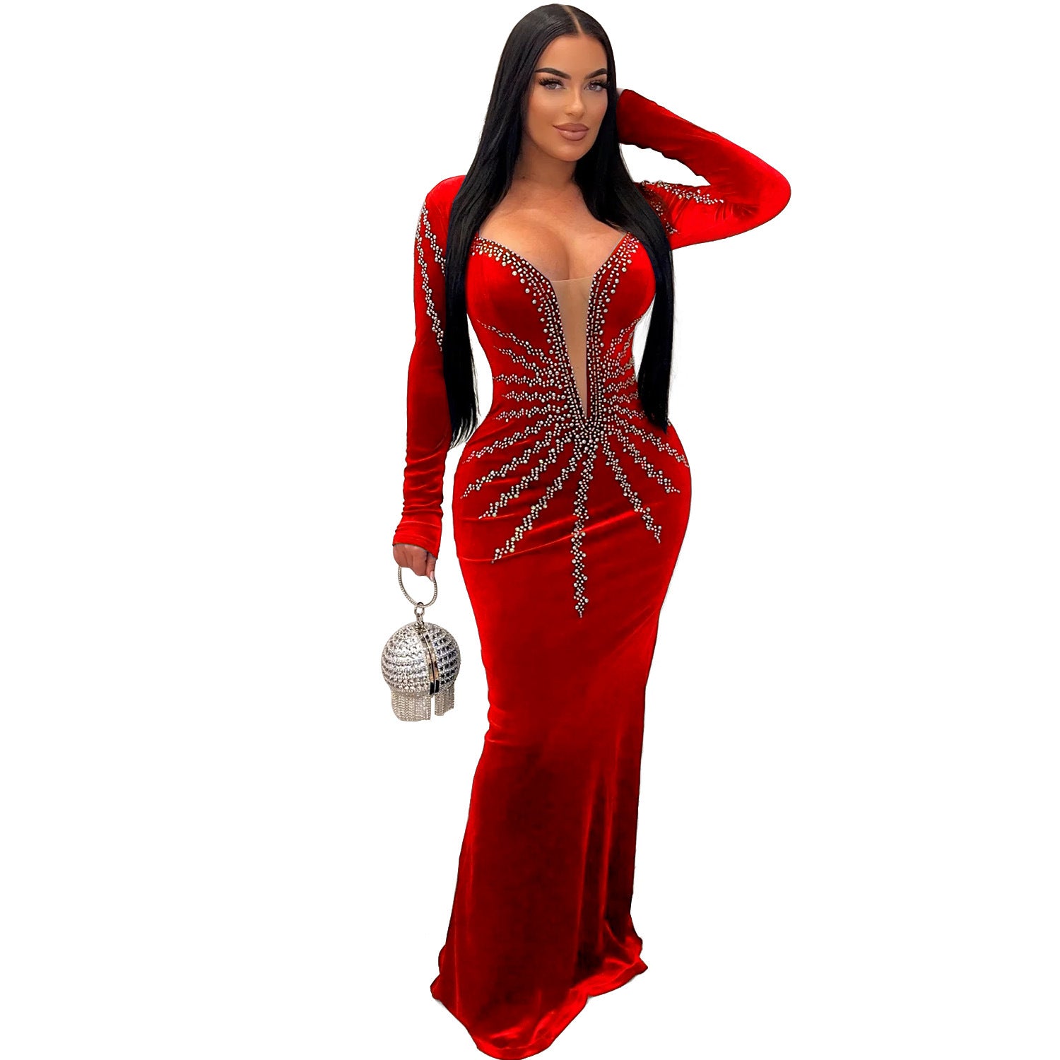Sequined Mermaid Evening Gown Long Sleeve Bodycon Party Dress