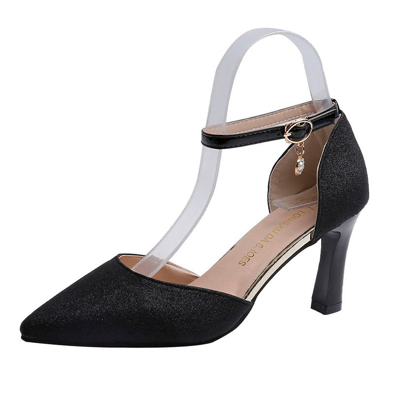 Slotted buckle, sequins, silver, versatile, sexy hollow shoes