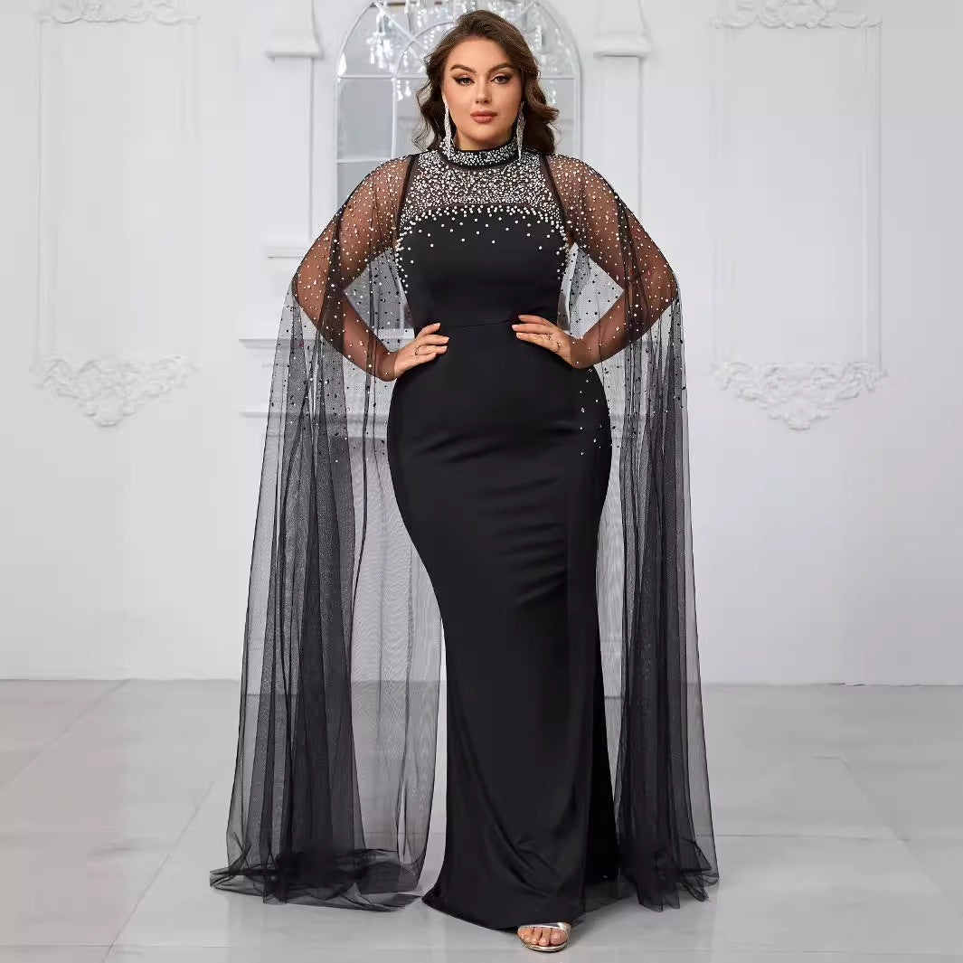 Women Plus Size Prom Evening Dress High Neck Beaded Hot Diamond Evening Dress Slim Fit Elegant Banquet Dress - FSSN261