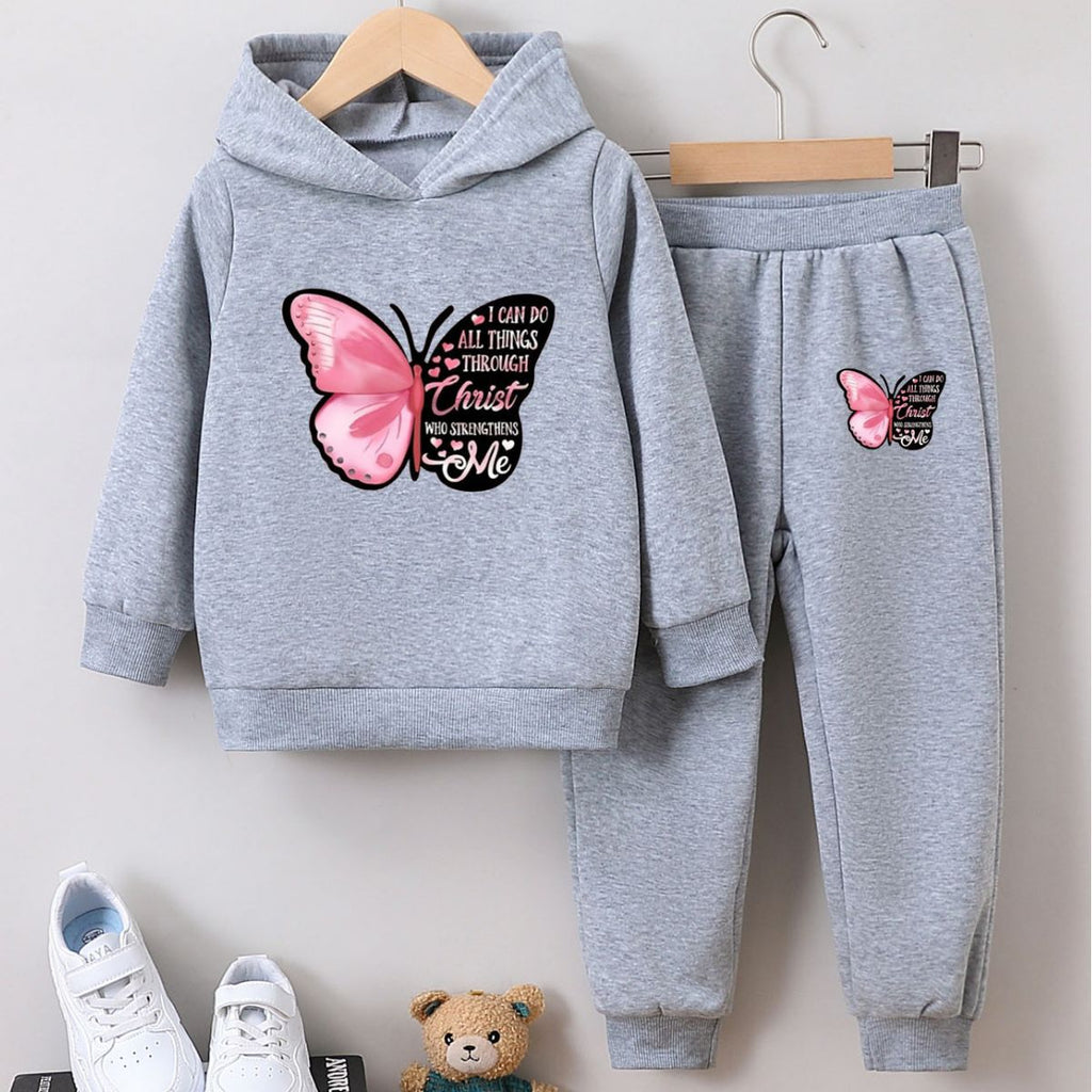 Girls Butterfly Hoodie Set - Inspirational Christian Quote Sweatsuit for Kids