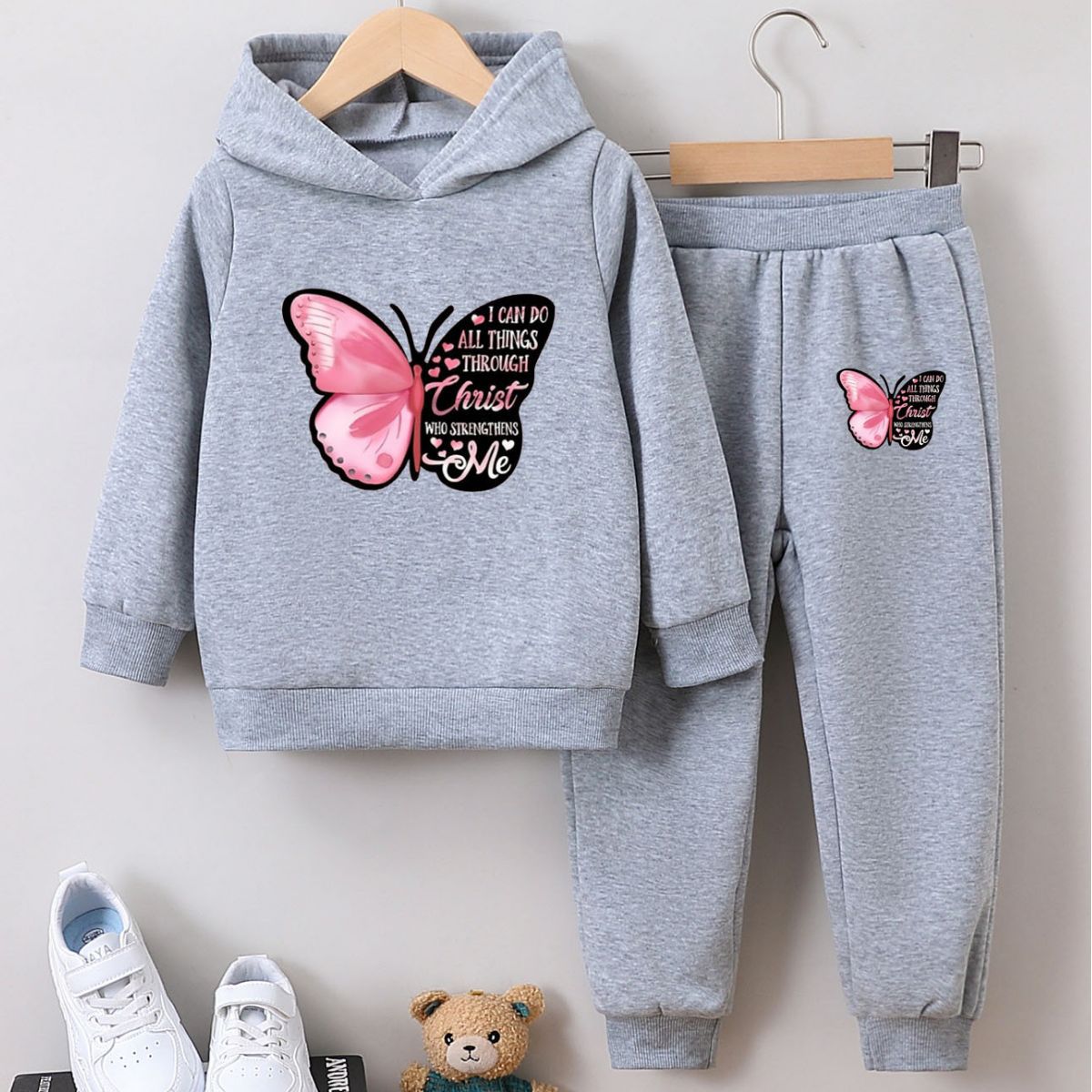 Girls Butterfly Hoodie Set - Inspirational Christian Quote Sweatsuit for Kids