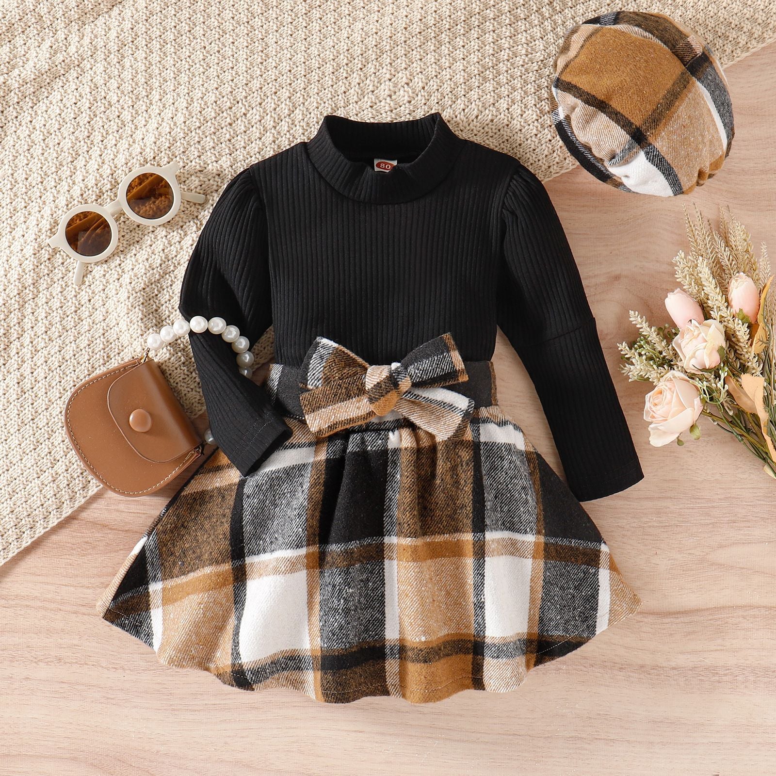 Girls Suit Knitted Solid Color Long Sleeve Top Plaid Skirt Beret In Stock