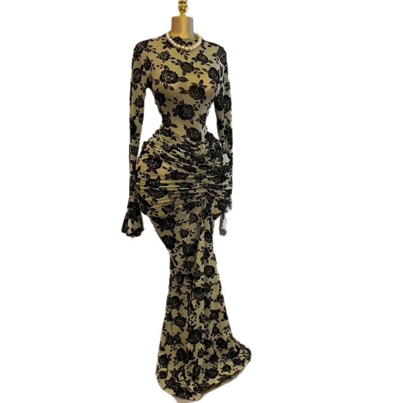 Olive Floral Print Bodycon Dress - Long Sleeve Ruched Side Detail | MTS-Glamour