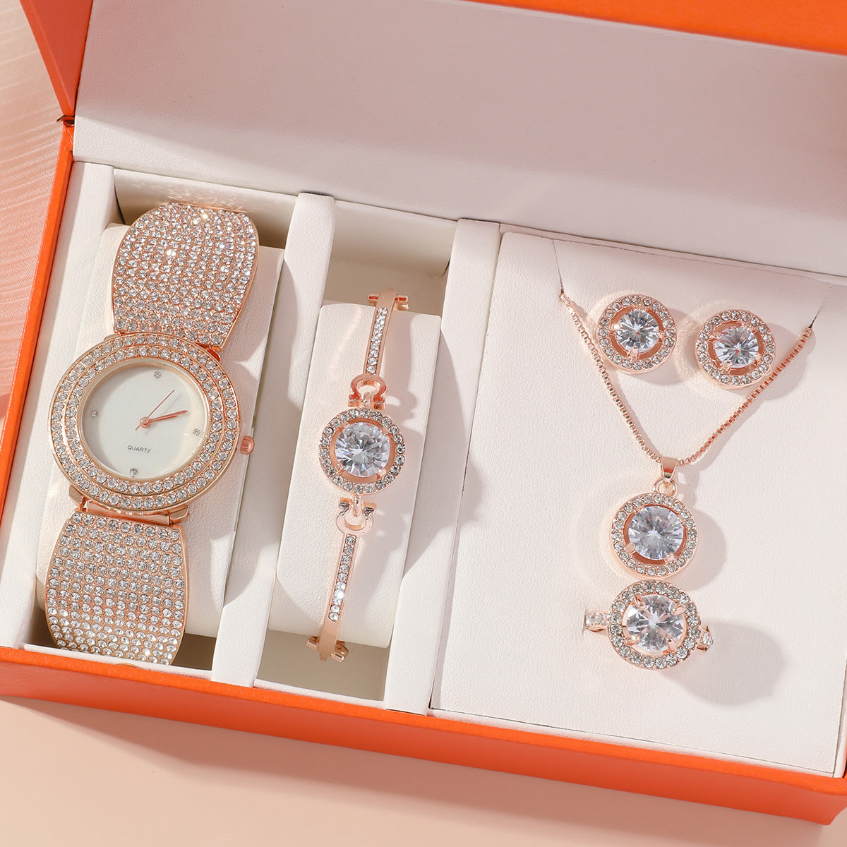 Rose Gold Crystal Jewelry Set - 5 Piece Watch Necklace Earrings Bracelet Collection