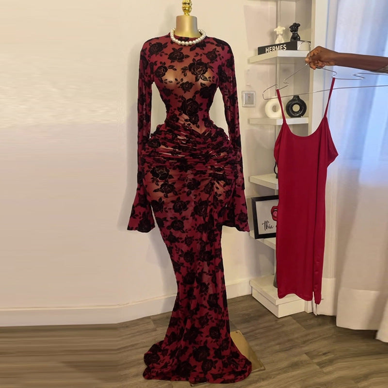 Olive Floral Print Bodycon Dress - Long Sleeve Ruched Side Detail | MTS-Glamour