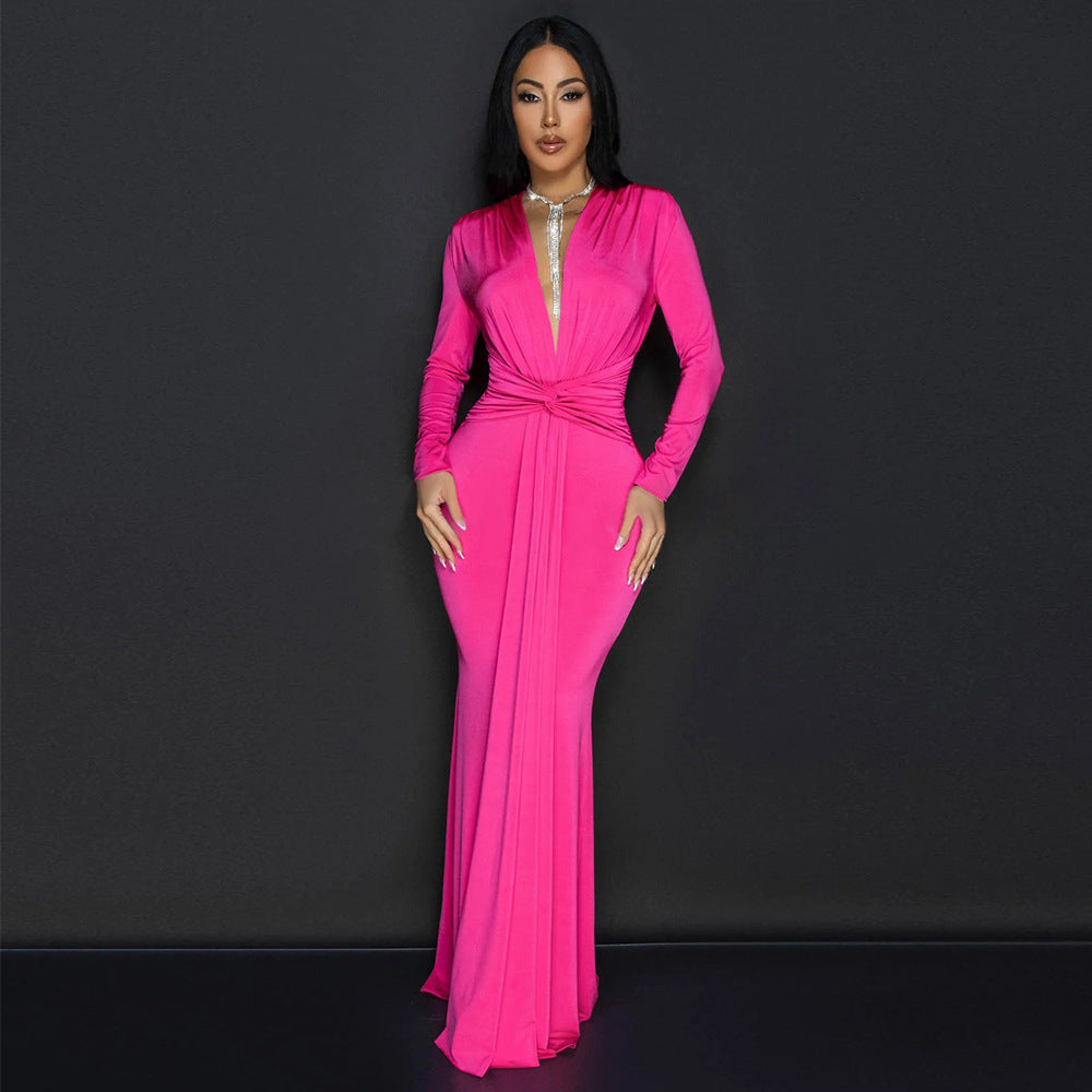 Europe and America Sexy Deep V Slim Long Sleeve Solid Color Dress Party