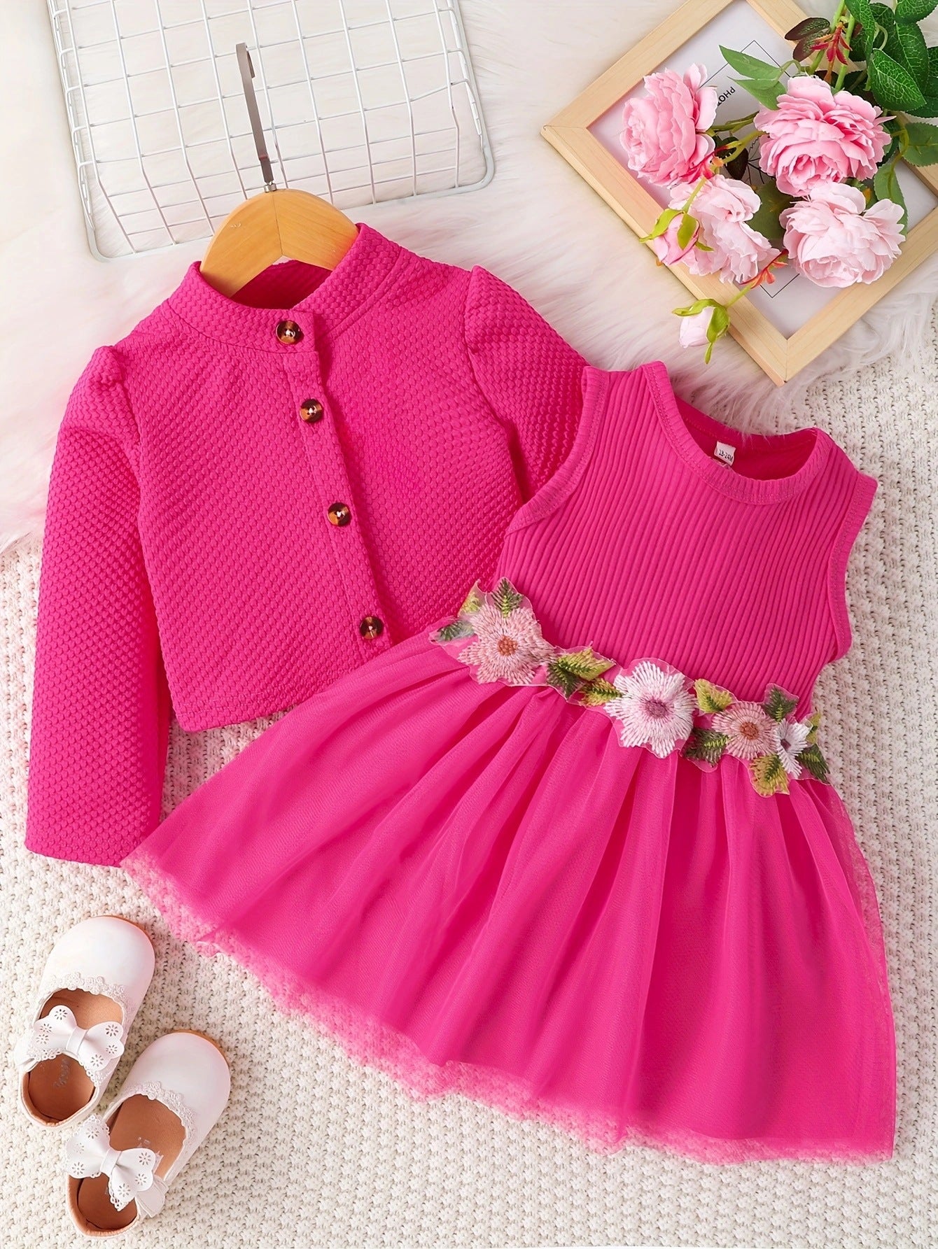 Pink Baby Girl Cardigan Dress Set - Floral Embroidered Tulle Outfit with Jacket