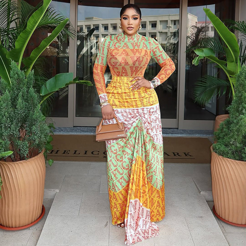 Colorful Printed Maxi Dress - Long Sleeve High Neck | MTS-Glamour