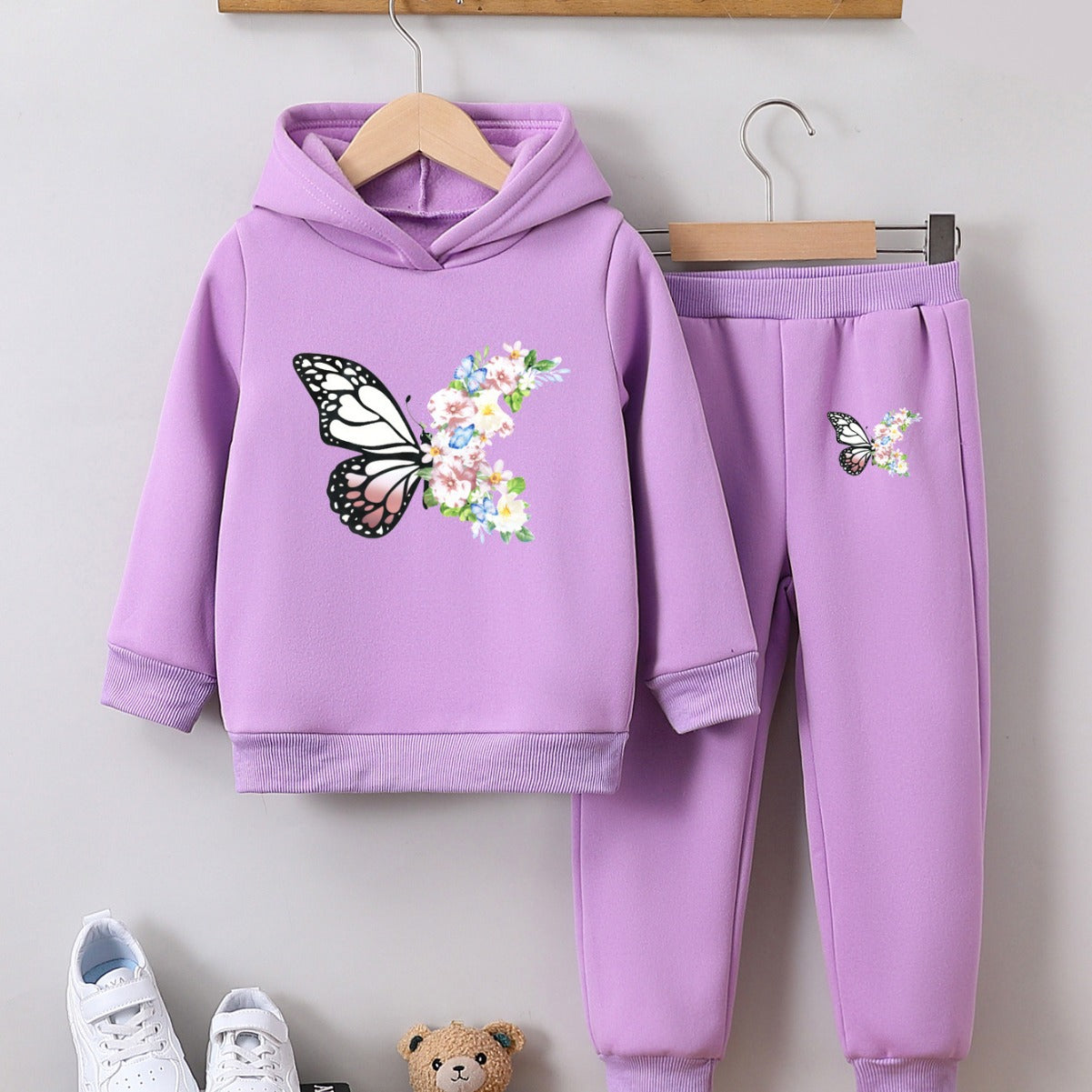 Sweatshirt two-piece butterfly print girl autumn and winter pullover set