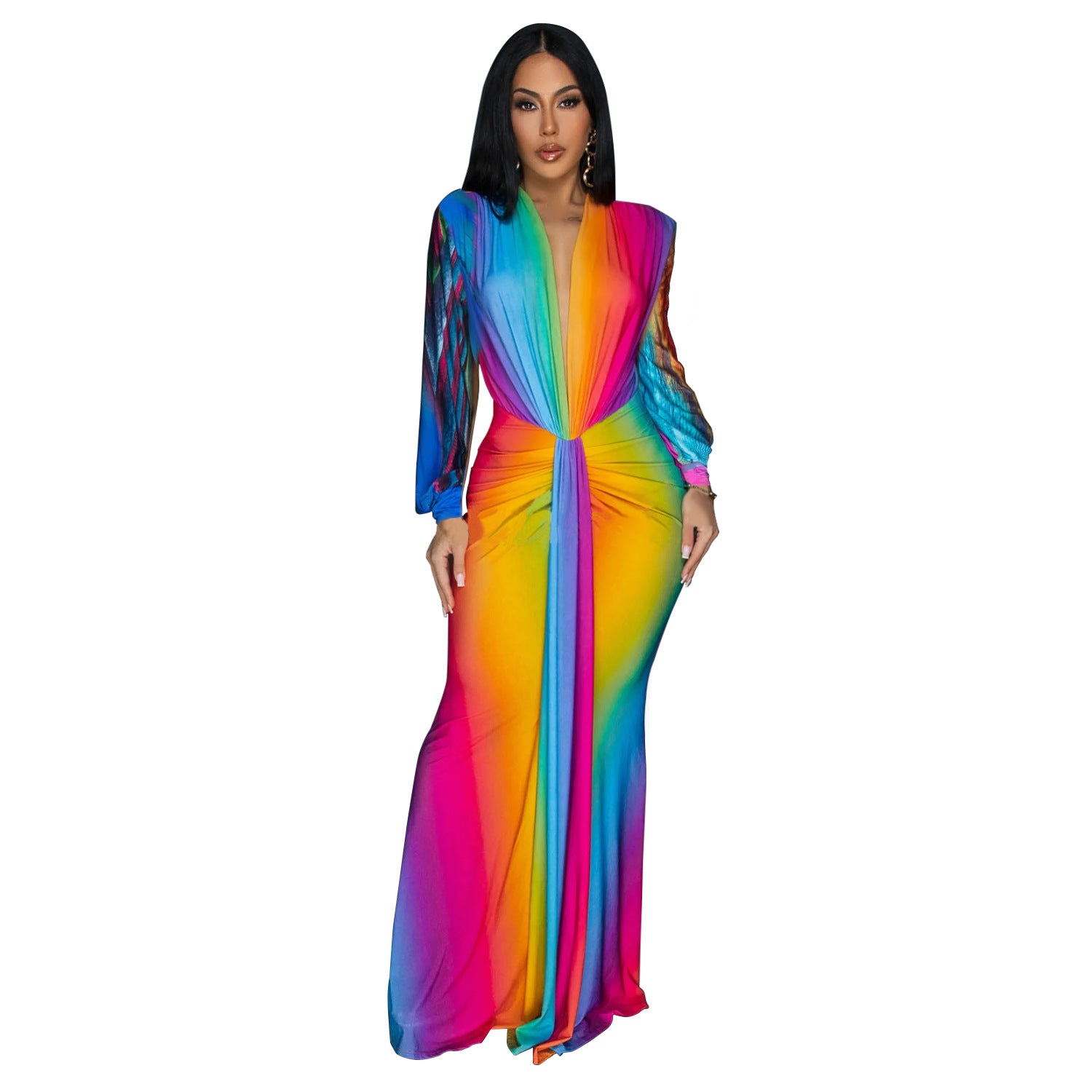 European and American fashion women's dress, pleats, color-blocked casual dresses, long
