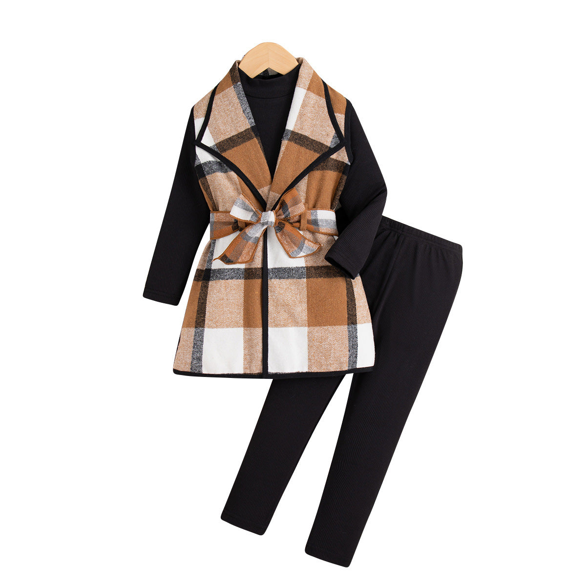 plaid lapel sleeveless long vest jacket + solid color pit strip half-high neck long-sleeved