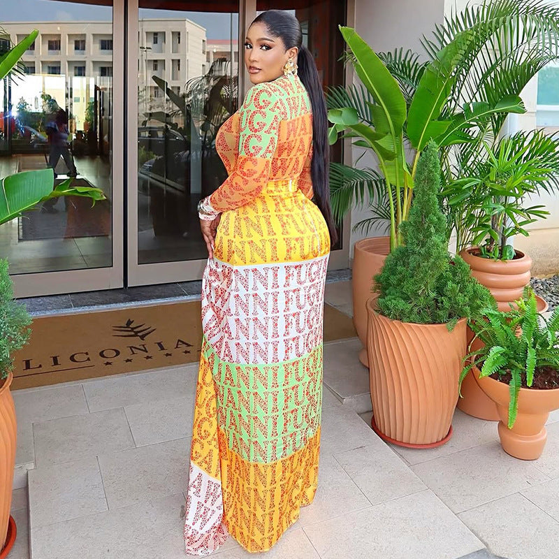 Colorful Printed Maxi Dress - Long Sleeve High Neck | MTS-Glamour