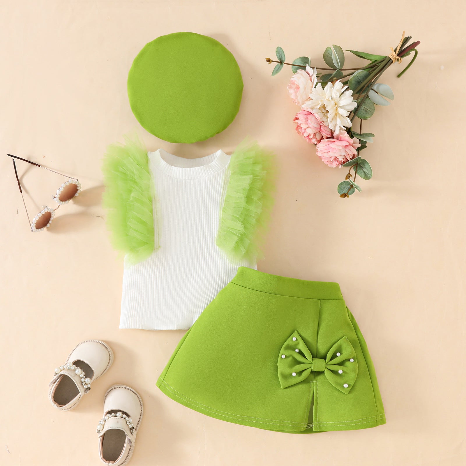 Toddler girls sleeveless mesh pit strip top beret three-piece set