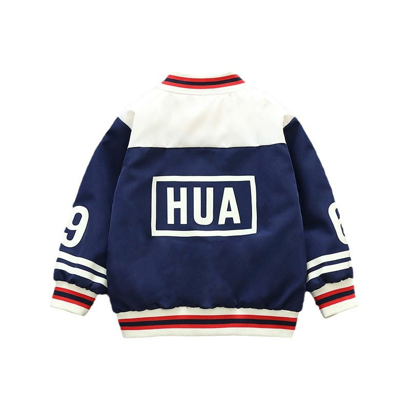 Boys Navy Blue Varsity Jacket HUA Logo Spring Autumn Casual Sports Coat