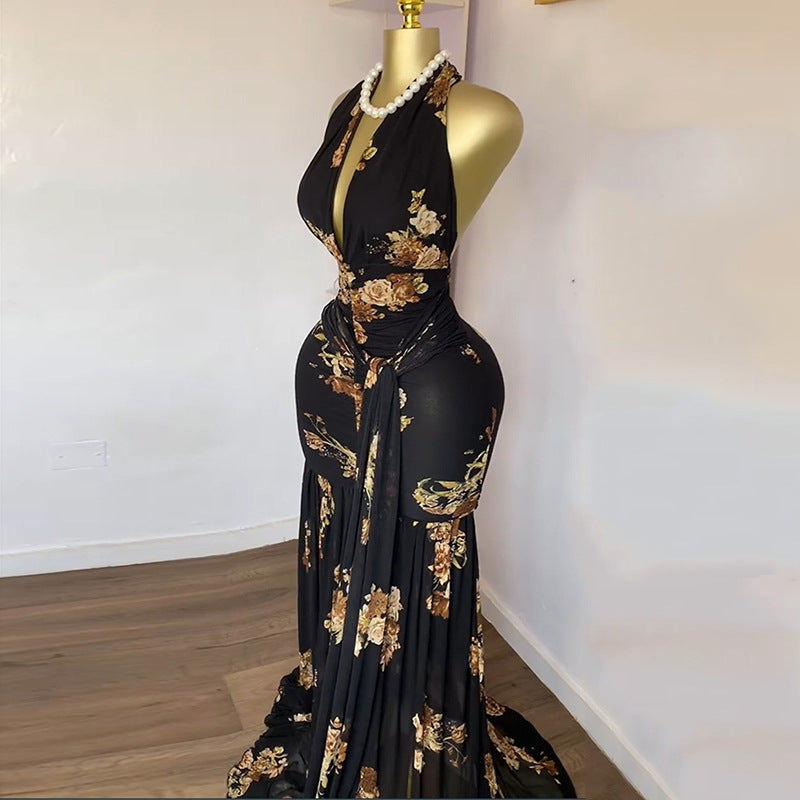 Black Floral Halter Maxi Dress - Elegant Evening Gown | MTS-Glamour