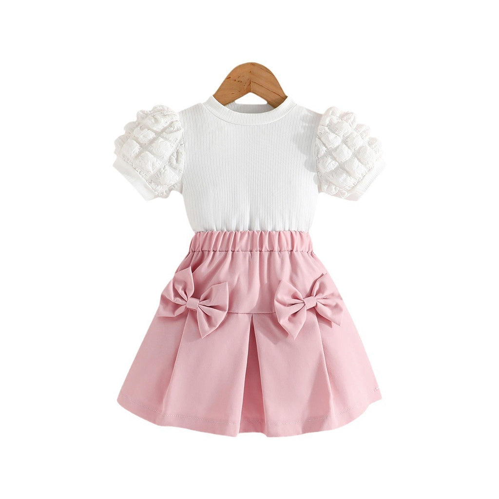 Girls Bubble Short Sleeve Top with Bow Short Skirt