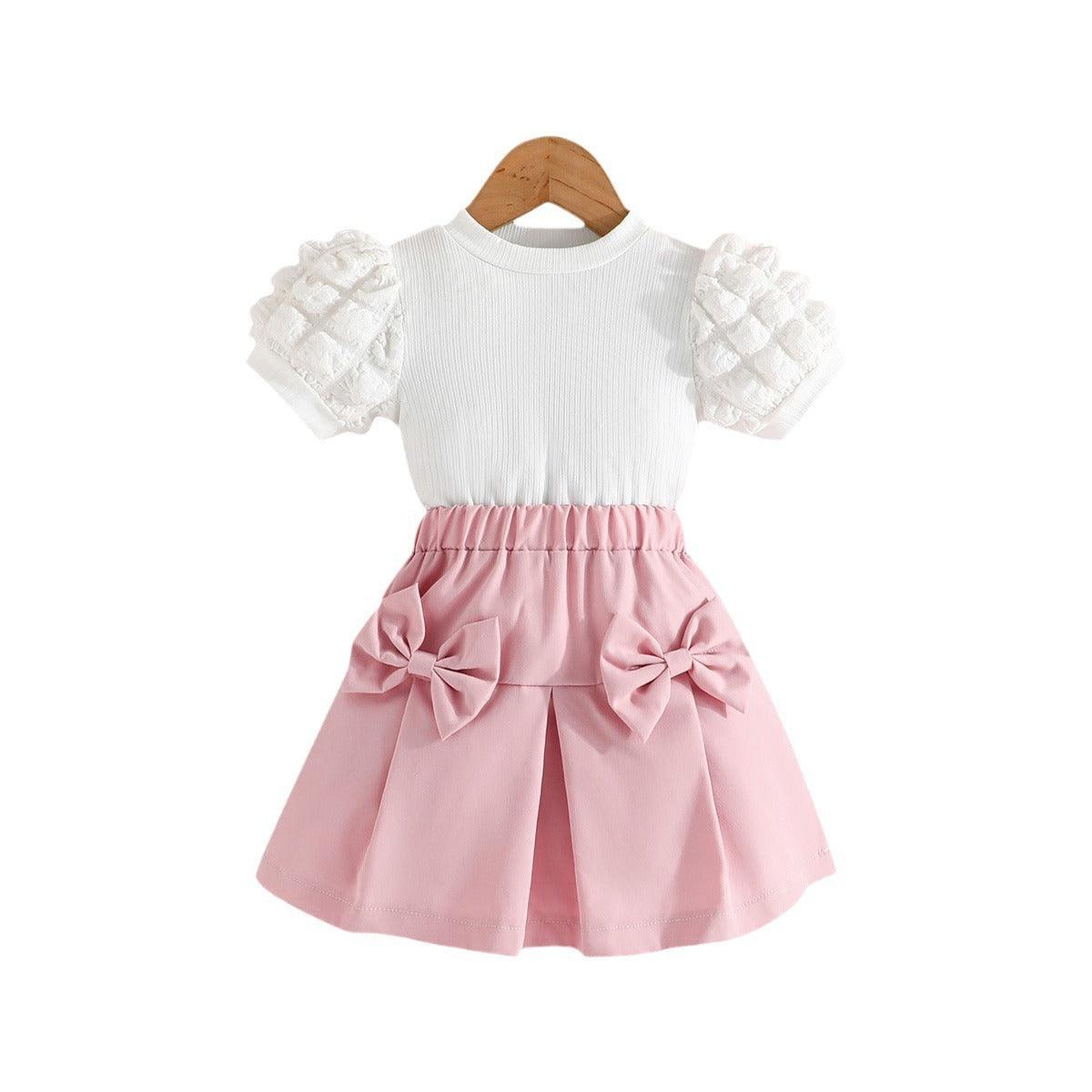 Girls Bubble Short Sleeve Top with Bow Short Skirt
