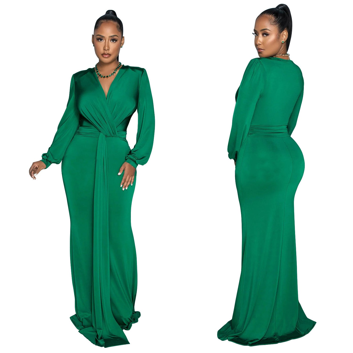 fashion women's solid color sexy deep V pleated long skirt dress women