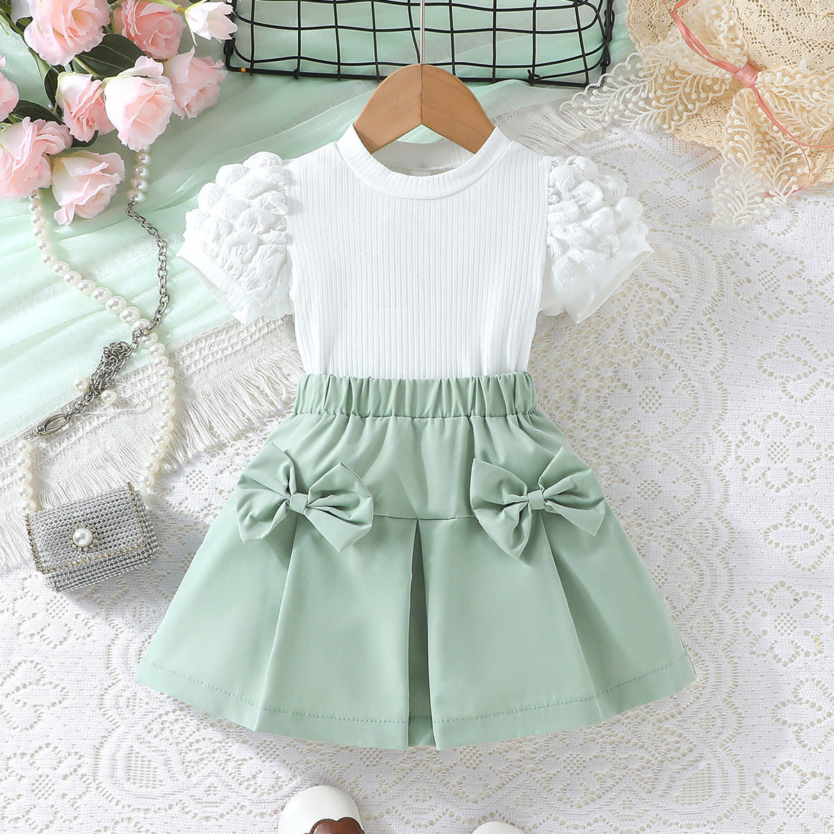 Girls Bubble Short Sleeve Top with Bow Short Skirt