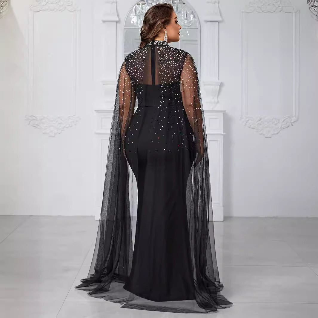Women Plus Size Prom Evening Dress High Neck Beaded Hot Diamond Evening Dress Slim Fit Elegant Banquet Dress - FSSN261