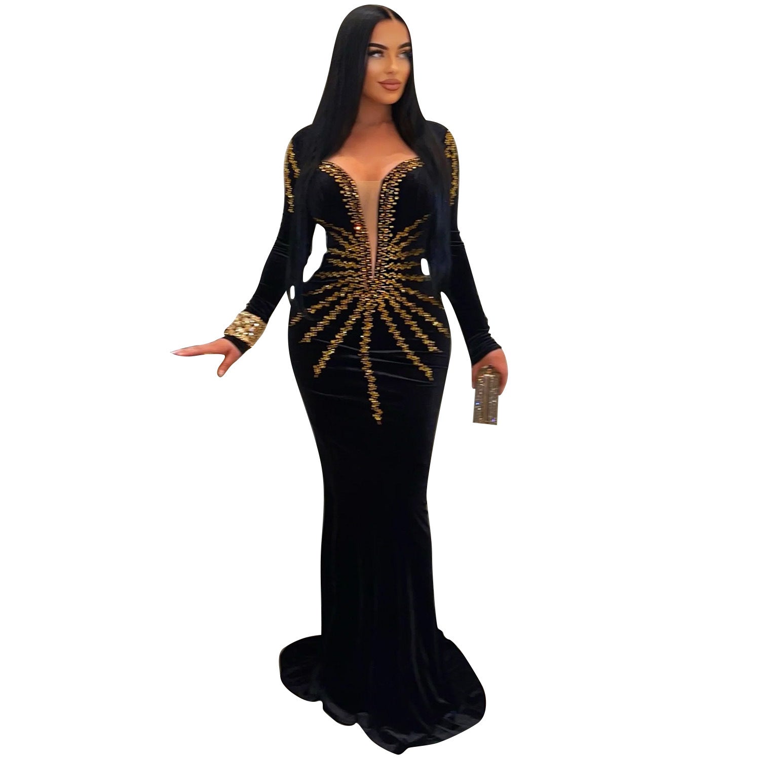 Sequined Mermaid Evening Gown Long Sleeve Bodycon Party Dress