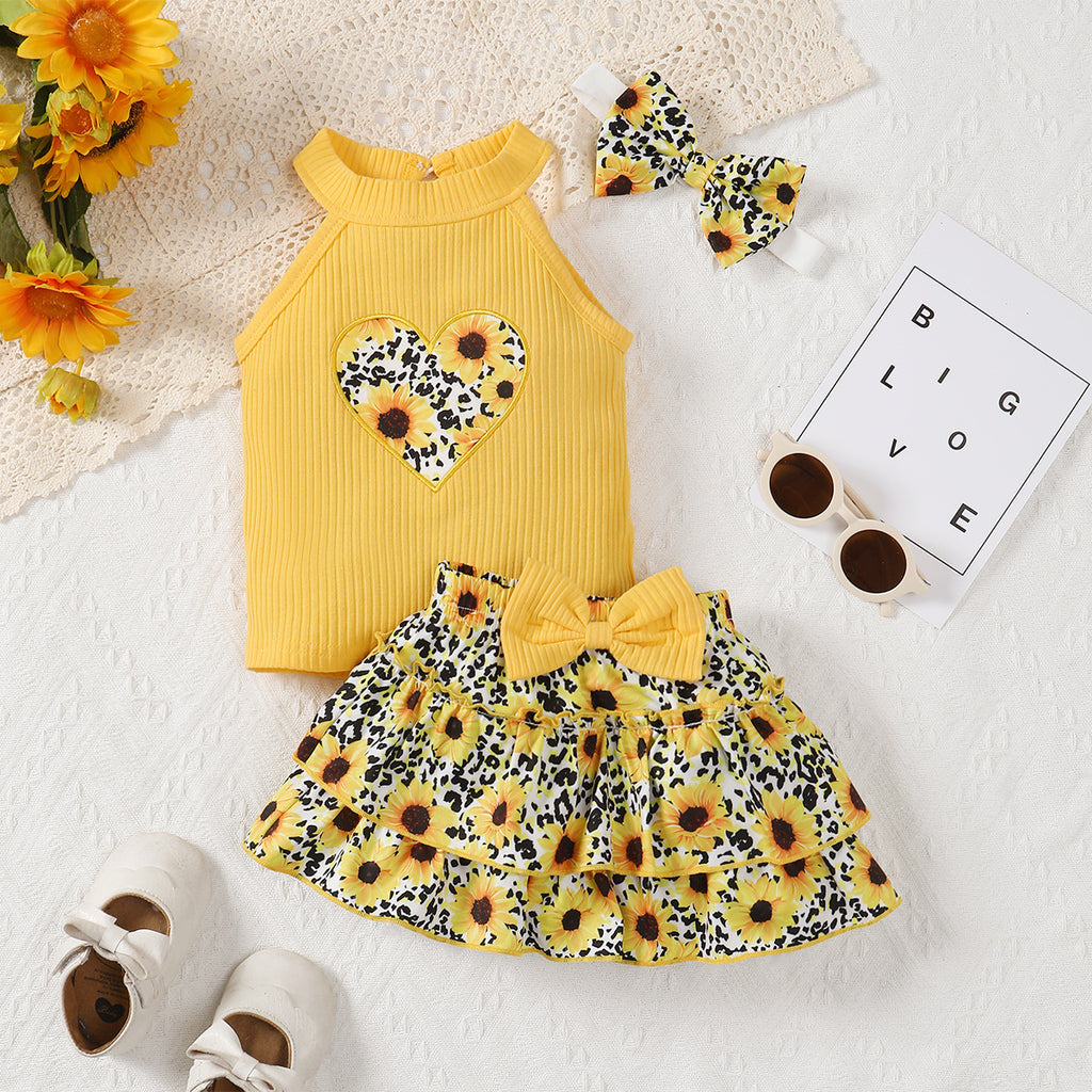 Girls' suits sleeveless off-the-shoulder tops, sunflower print skirts