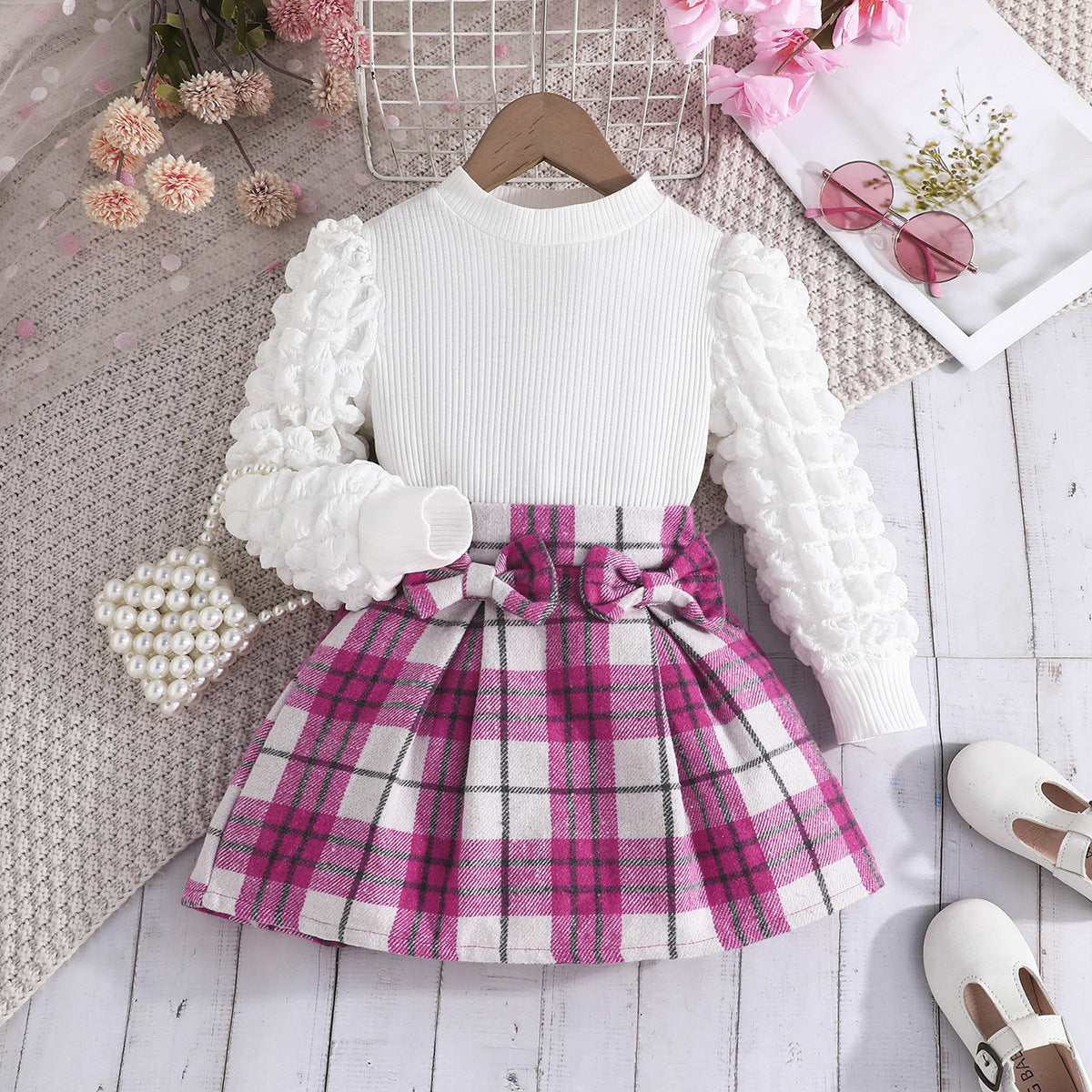 New puff sleeve top + plaid skirt European and American cross-border girls' fashion