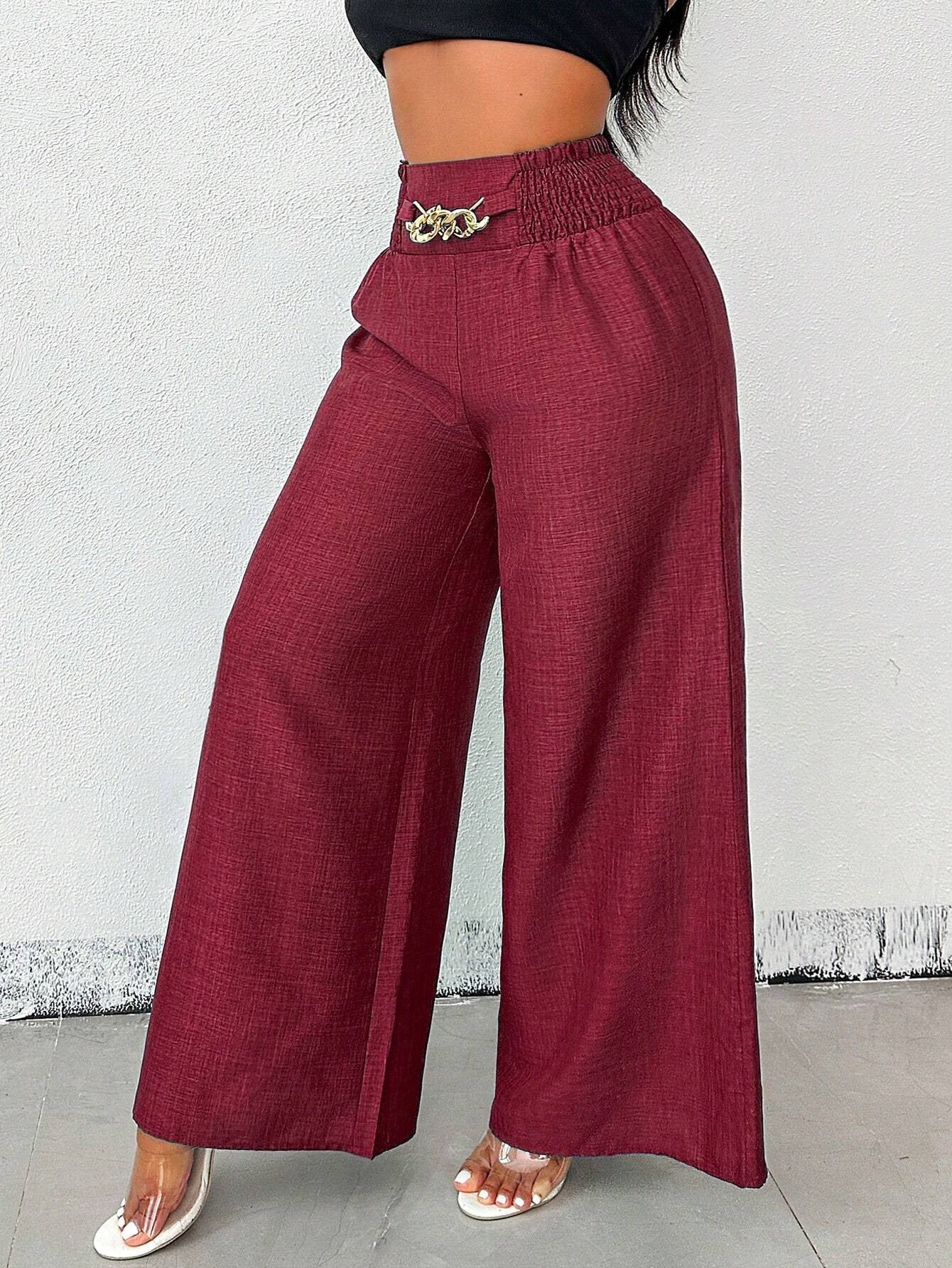 High-Waisted Wide Leg Trousers with Chain Detail - Women's Fashion Pants