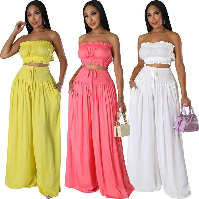 Women’s 2-Piece Wide Leg Summer Set – Strapless Crop Top & High Waist Pants