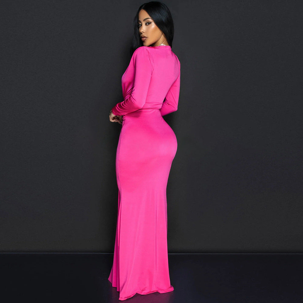 Europe and America Sexy Deep V Slim Long Sleeve Solid Color Dress Party