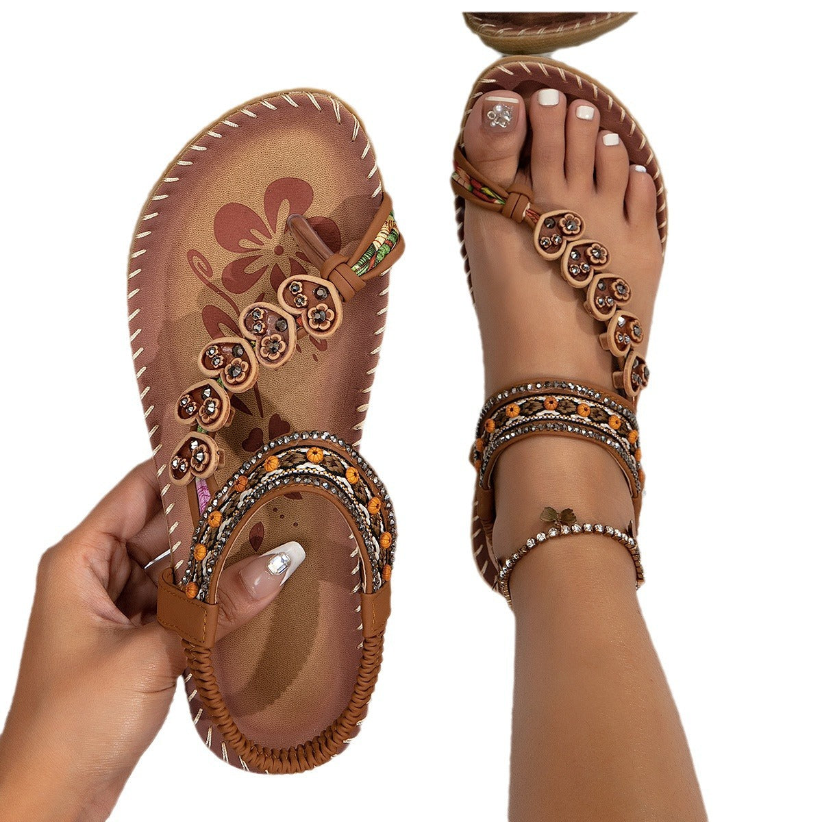 ethnic style women's shoes, summer fashion beach flat sandals, beaded diamond