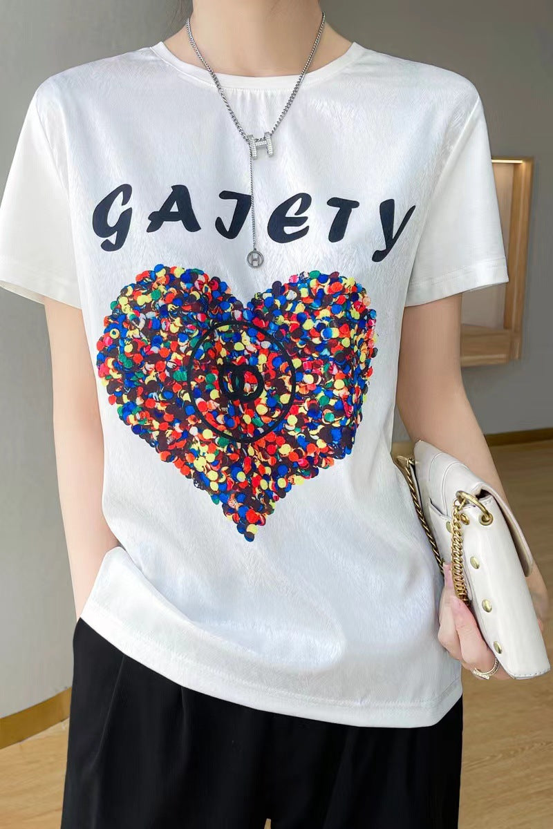 Silk T-shirt women's round neck knitted silk print pattern short sleeve