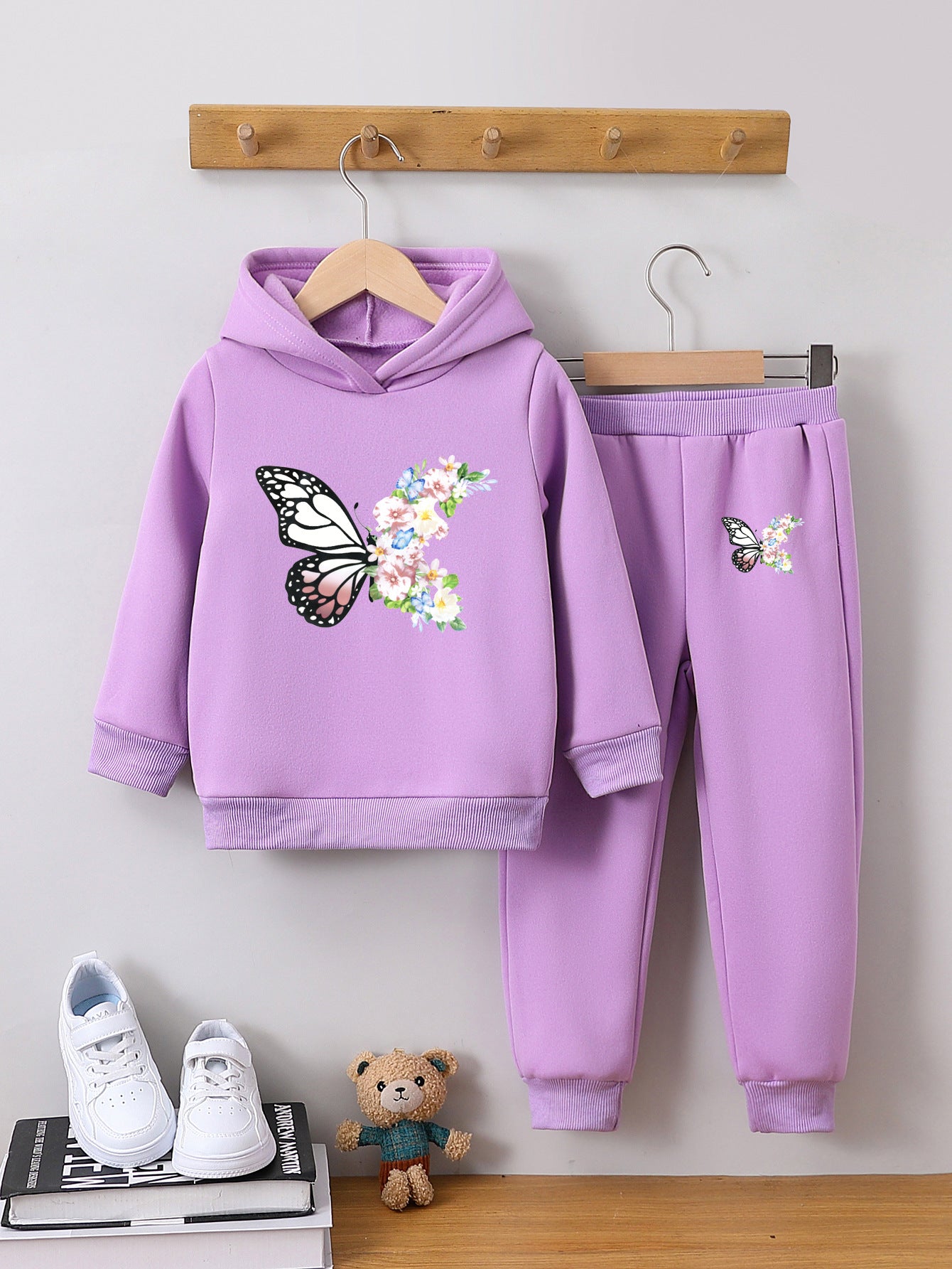 Sweatshirt two-piece butterfly print girl autumn and winter pullover set