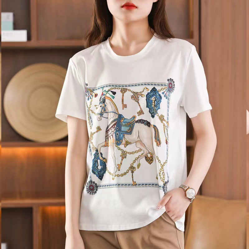 Silk T-shirt women's round neck knitted silk print pattern short sleeve