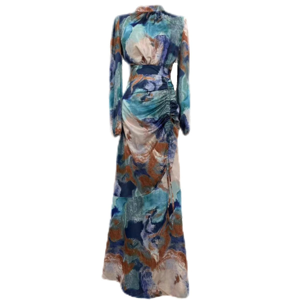 Pleated Cinched Waist Slim Exotic Long Sleeve Midi Dress Women