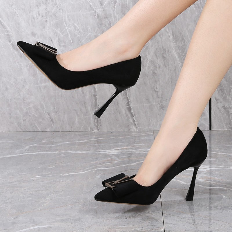 Lufeni pointed suede stiletto heels 2024 spring new versatile shoes temperament goddess