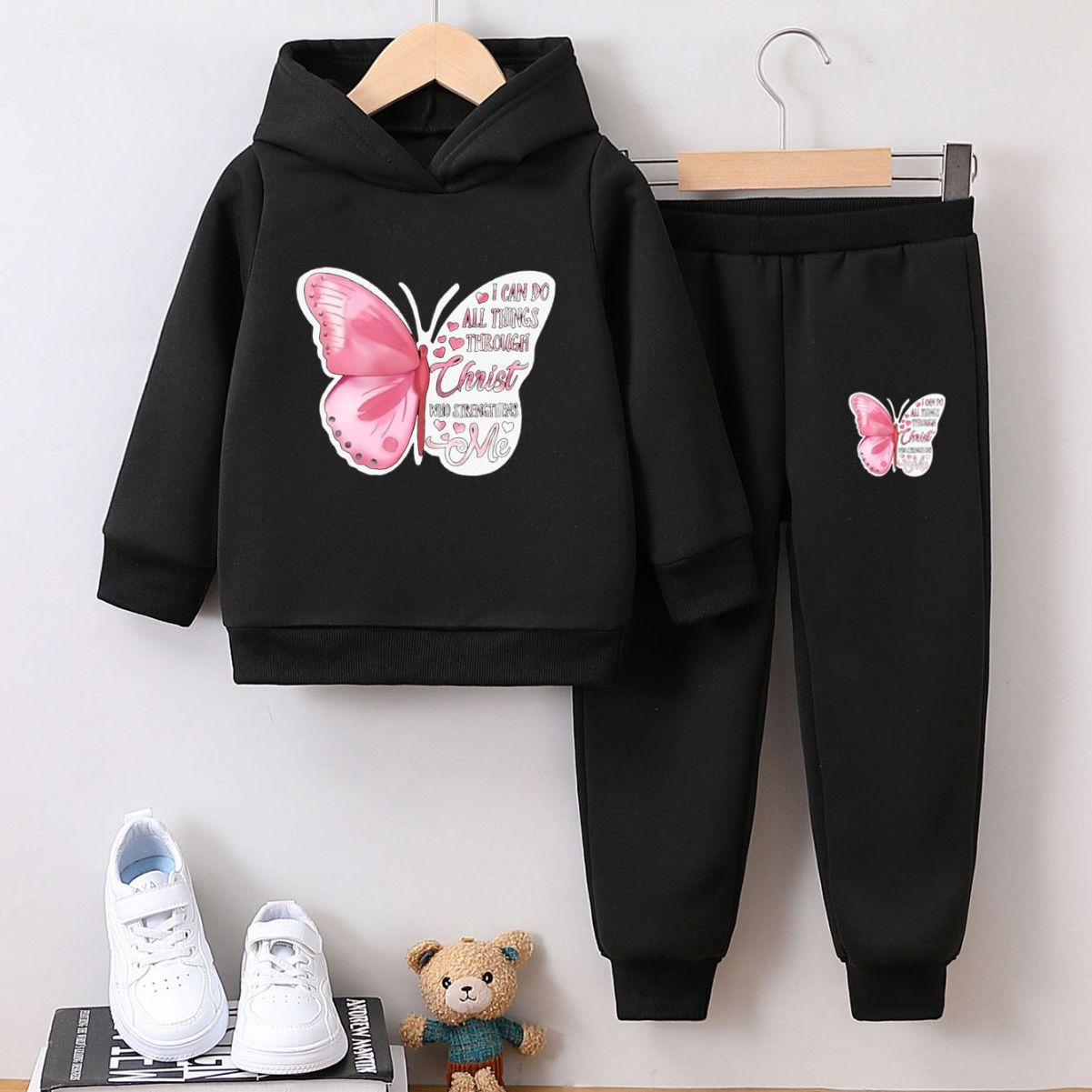 Girls Butterfly Hoodie Set - Inspirational Christian Quote Sweatsuit for Kids