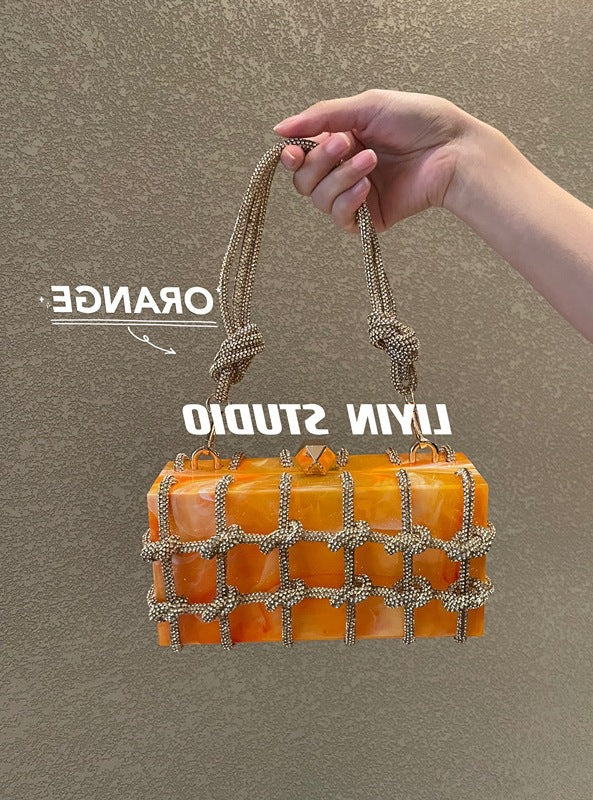 Luxury Quilted Diamond Chain Handbag - Designer Acrylic Marbled Evening Bag