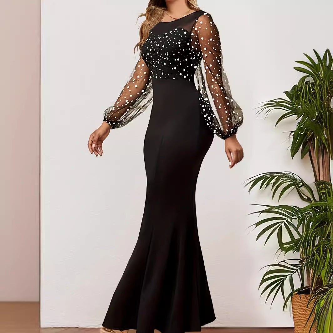 Elegant Black Evening Gown with Sheer Beaded Sleeves – Formal Bodycon Dress