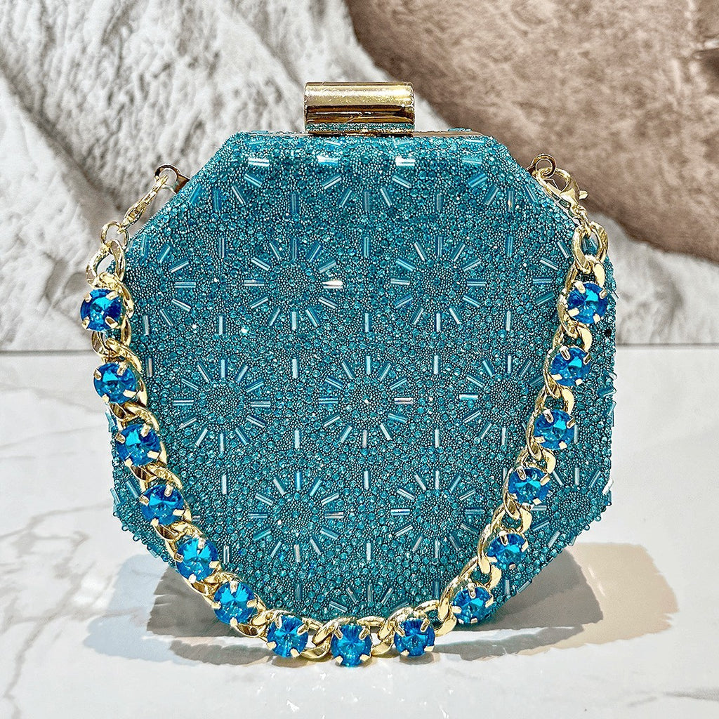 Cross border luxury hot diamond decoration blue dinner bag ladies personality mini handbag chain bag evening bag wholesale