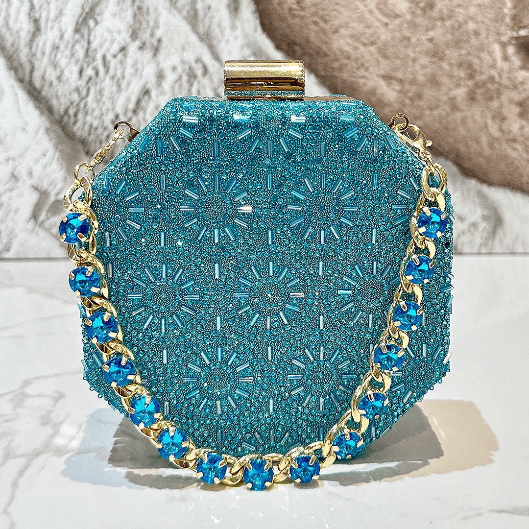 Cross border luxury hot diamond decoration blue dinner bag ladies personality mini handbag chain bag evening bag wholesale