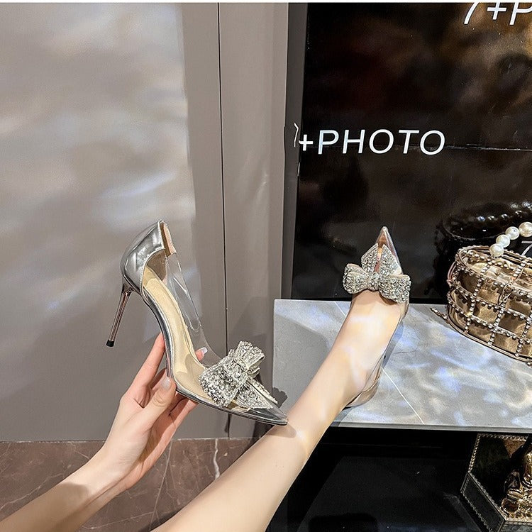 French crystal high heels women's new shiny bow singlespring  celebrity