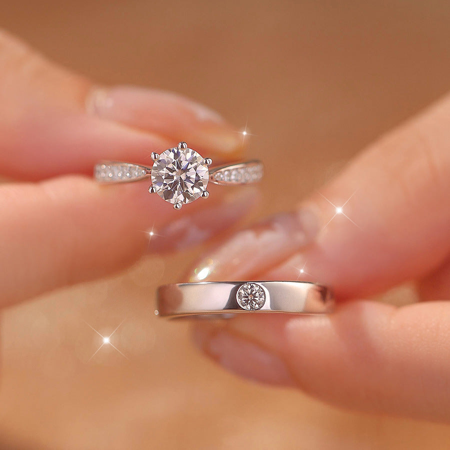 Imitation moissanite live mouth ring, couple ring, man and woman pair 1 carat diamond ring, wedding engagement and marriage proposal