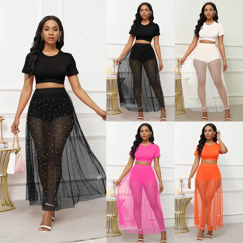 Black Two-Piece Outfit - Crop Top and Pearl-Embellished Maxi Skirt